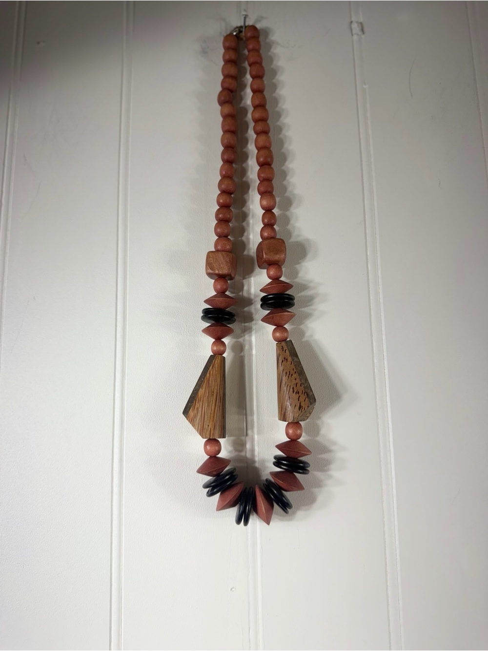 Vintage Wooden Geometric Bead Necklace – 24.5” Boho Statement Necklace - Picture 5 of 5